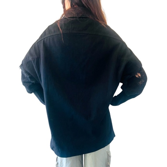 NWOT CIRCUS HOTEL Oversized Denim Jacket Crochet Sleeves in Black Size XS - Picture 9 of 16